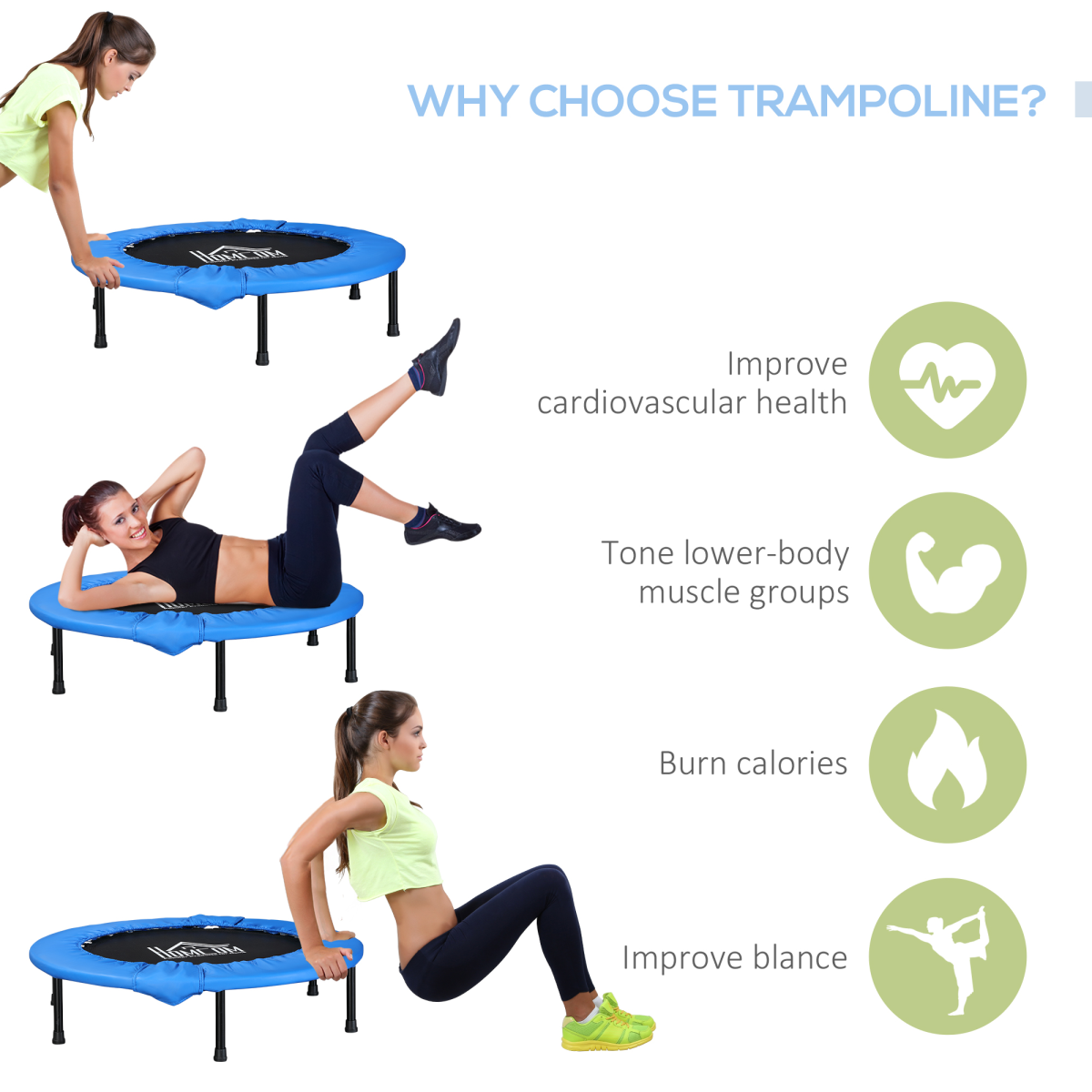 96 cm Foldable Mini Fitness Trampoline Exercise Rebounder Jumper, Blue HOMCOM