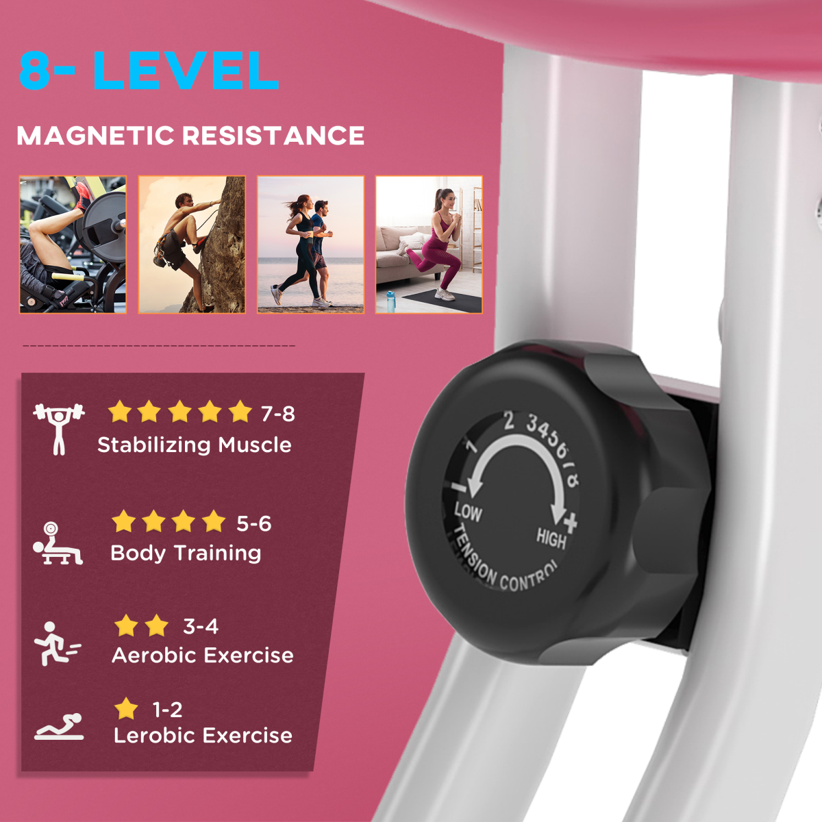 HOMCOM Magnetic Resistance Exercise Bike Foldable LCD Adjustable Seat Pink