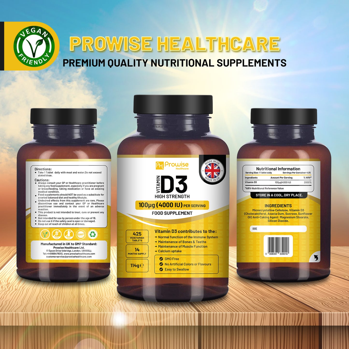 Prowise Vitamin D3 1000IU Vegetarian Tablets | 180 Count | Plant-Based