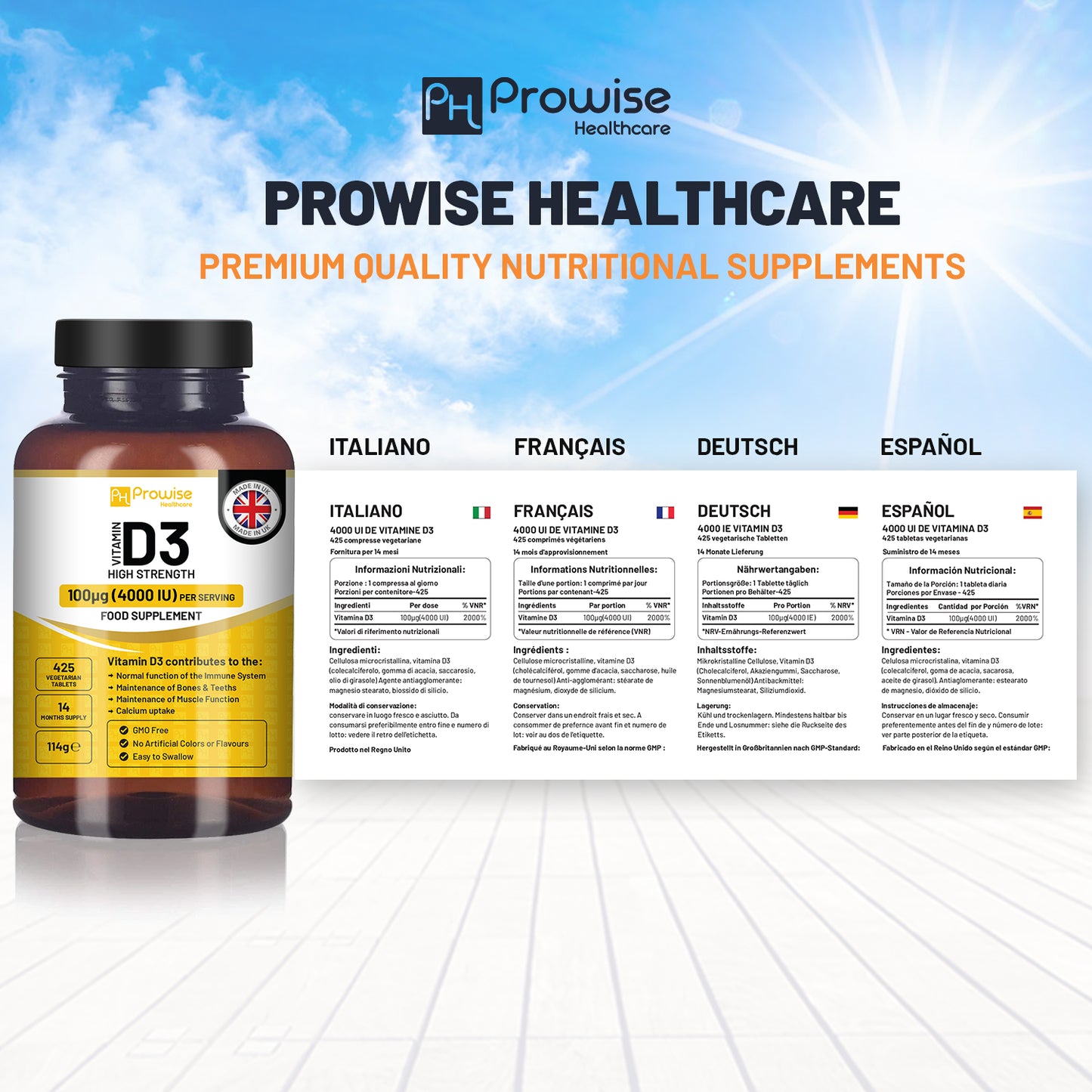 Prowise Vitamin D3 1000IU Vegetarian Tablets | 180 Count | Plant-Based