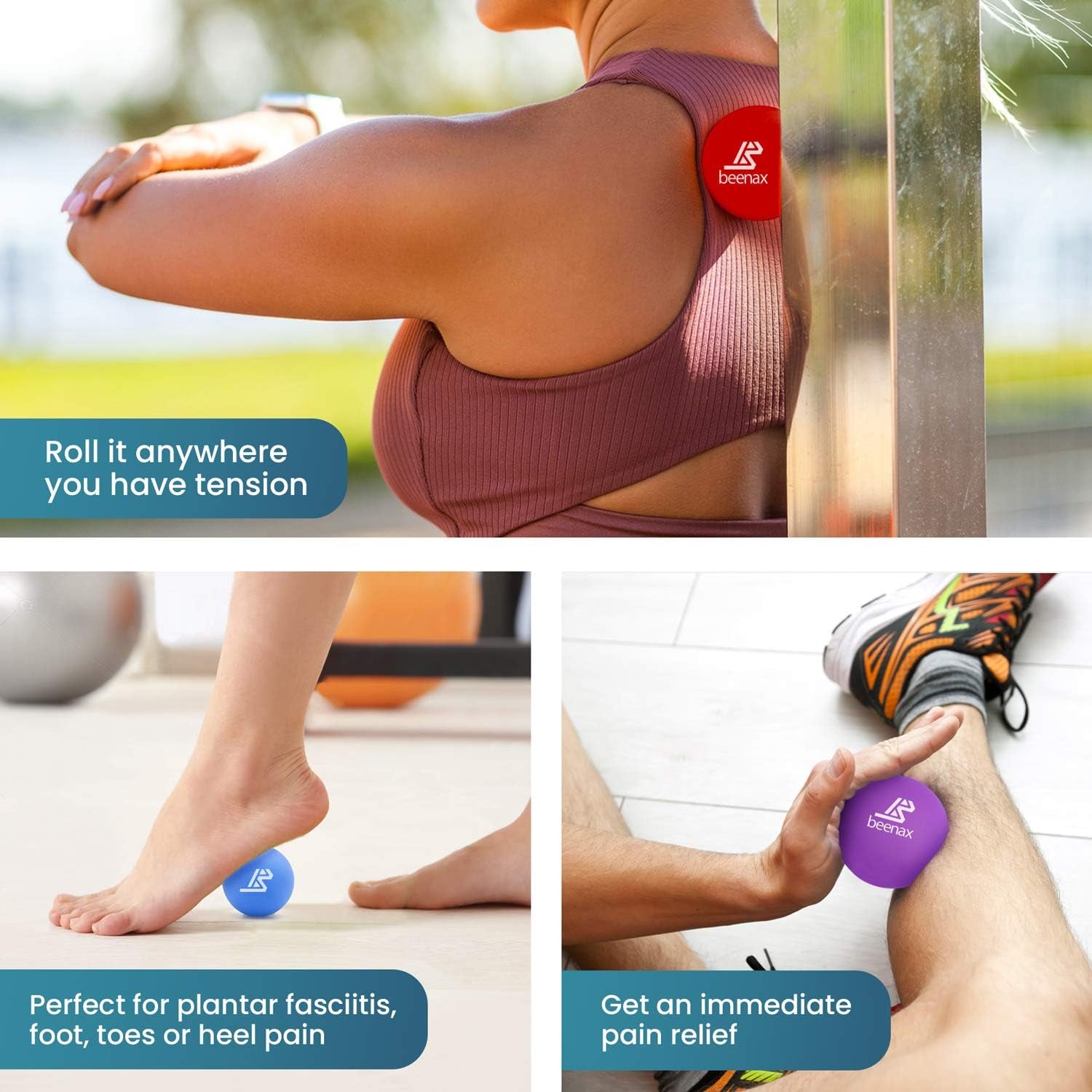 Lacrosse Massage Ball (Set of 3) - Trigger Point, Myofascial Release, Plantar Fasciitis, Deep Tissue, Yoga, Pilates, Rehab, Physio - Shoulders, Neck, Back, Foot, Body