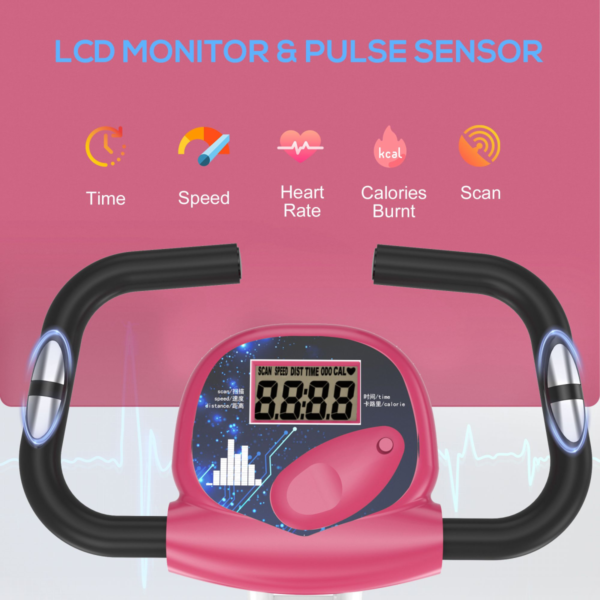 HOMCOM Magnetic Resistance Exercise Bike Foldable LCD Adjustable Seat Pink
